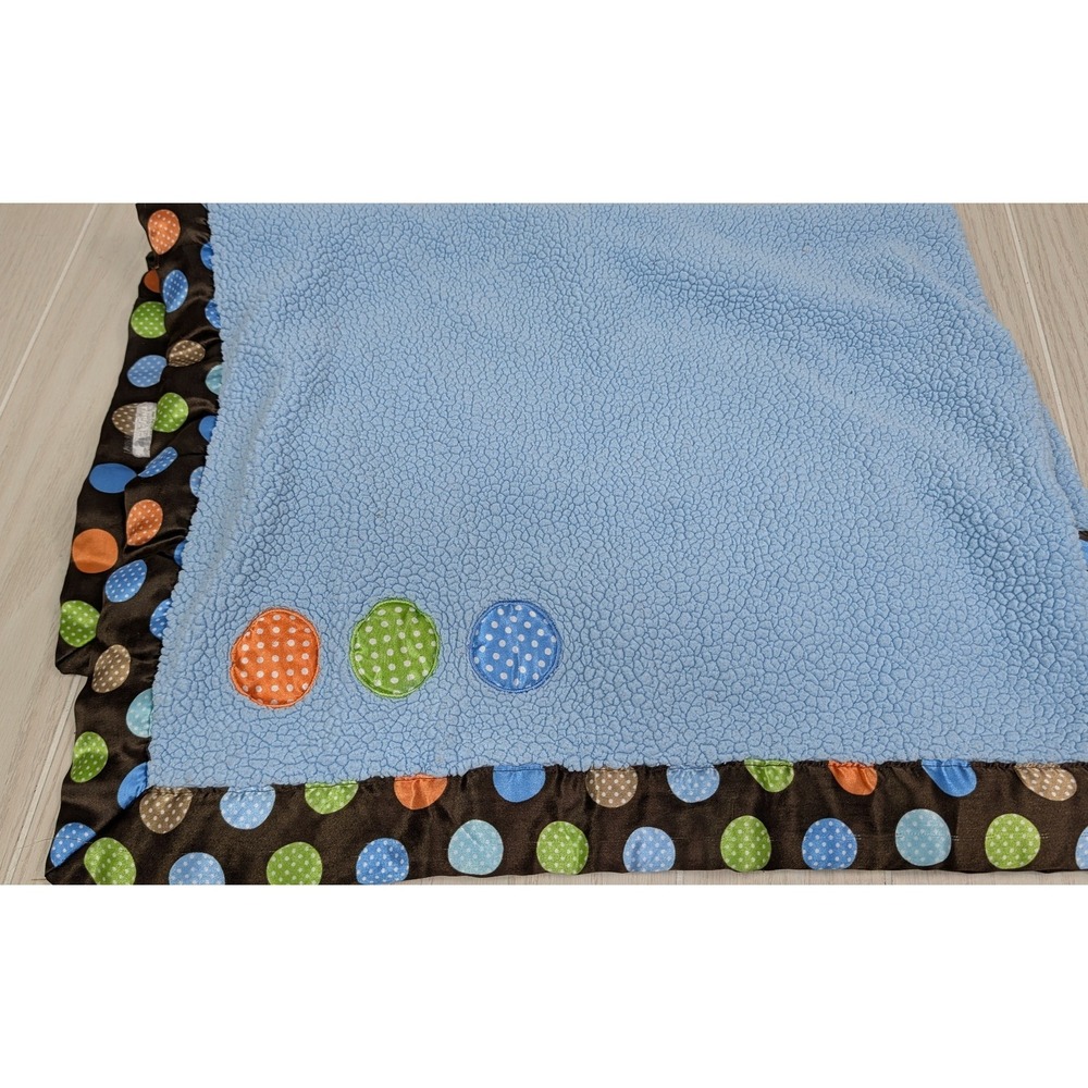 Baby boom Baby Blanket Blue Sherpa Fleece Brown Polka Dot Satin Trim USED